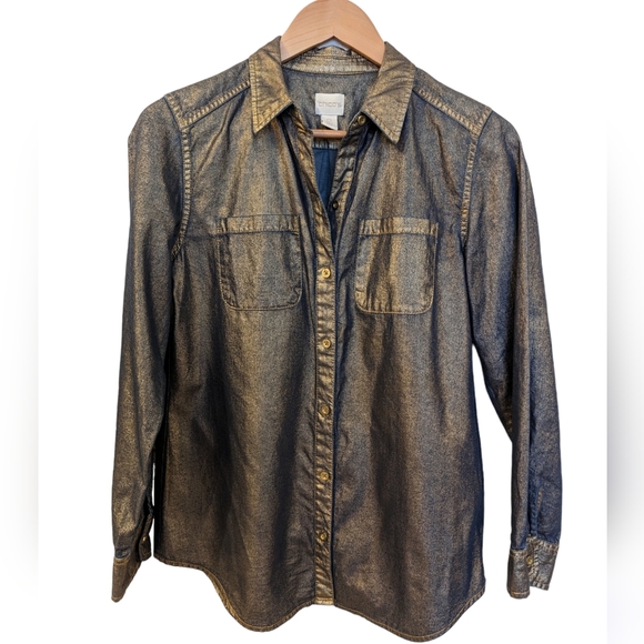 Chico's Tops - CHICO'S Denim Gold Shimmer Metallic Blouse Size 4
